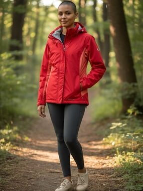 Eddie Bauer Red Hooded Ski Jacket with Peach Side Panels